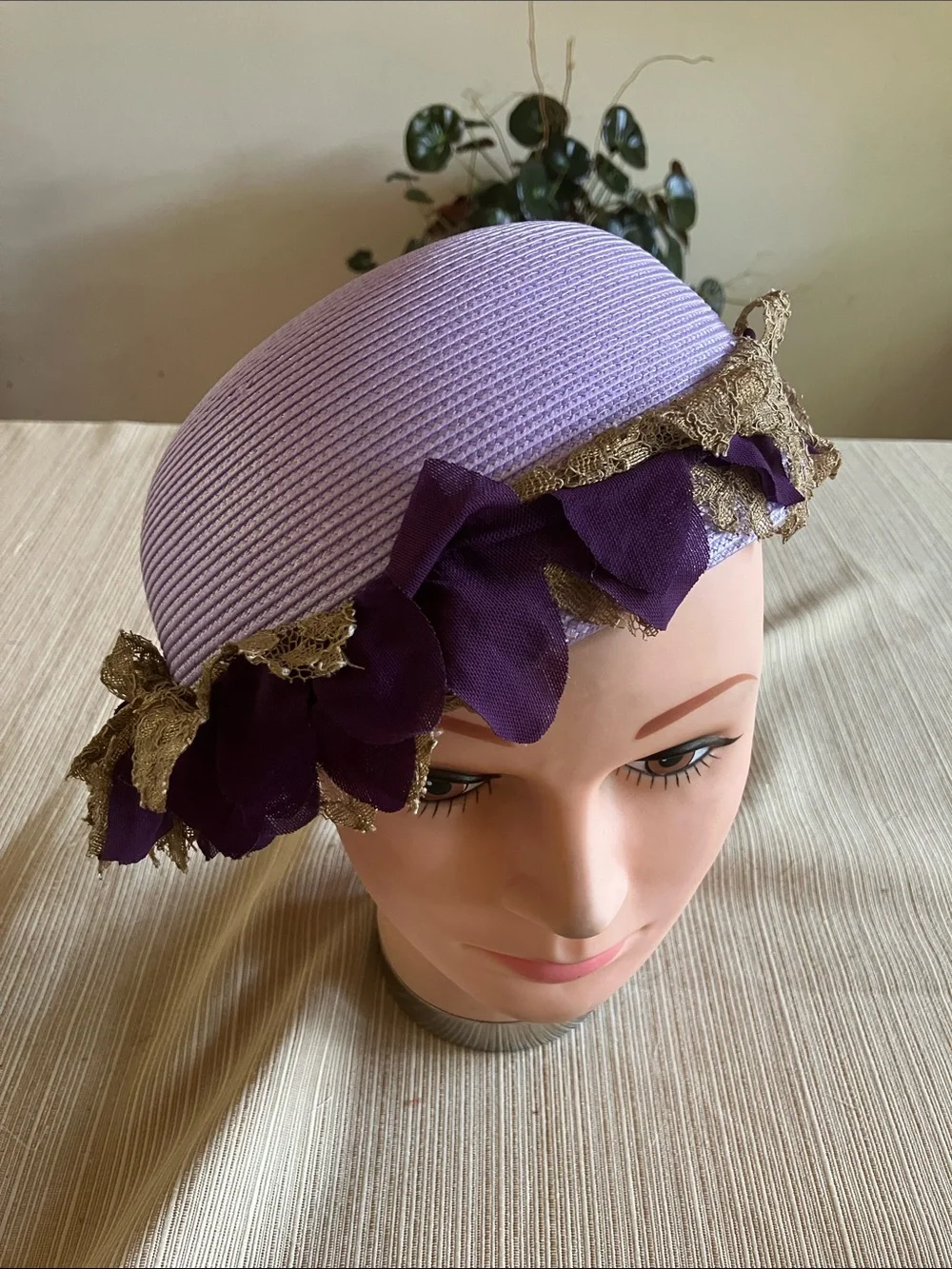 Classic Lilac Women's Pillbox Hat with Purple Floral Trim